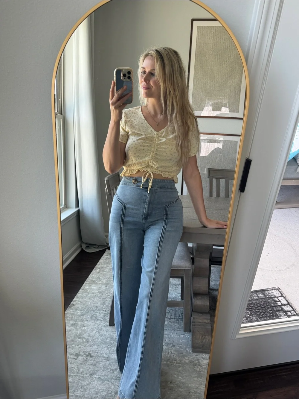 Ruched V-Neck Cropped Top in Light Butter Yellow with Subtle Tiny Purple Florals - Picture 4 of 14